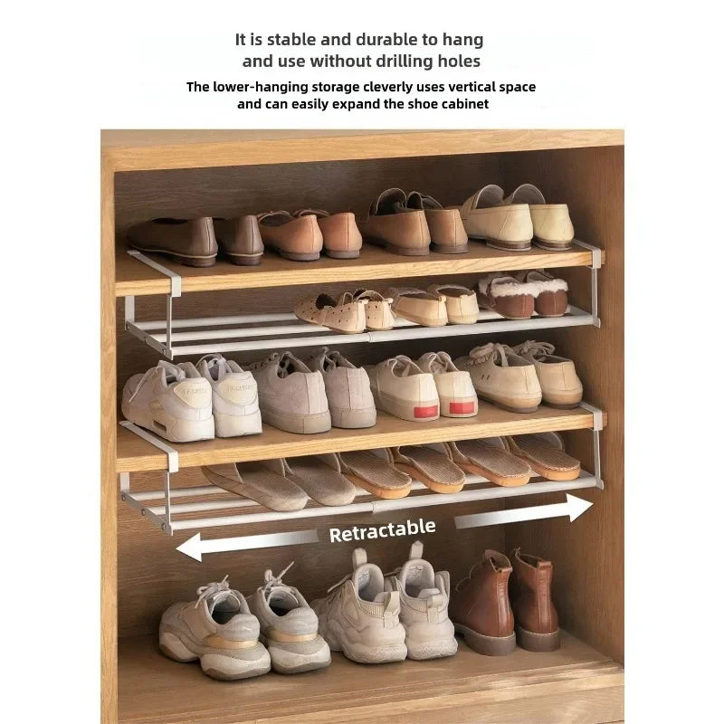 Adjustable Shoe Rack | Space-Saving Layered Organizer For Home Shoe Cabinets | Under-Shelf Shoe Holder With Hanging Basket