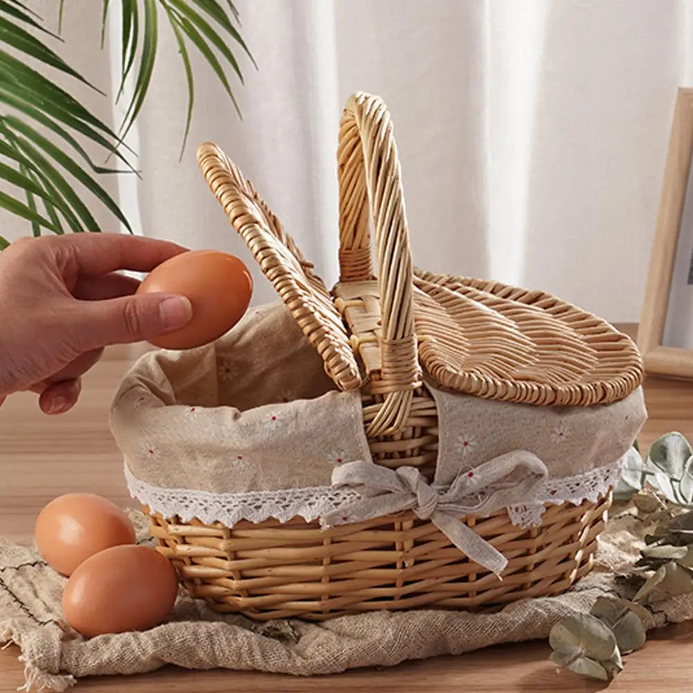Handmade Wicker Picnic Basket With Handle Picnic Hamper Multi-Purpose Willow Woven Storage Box Outdoor Camping Fruit Basket