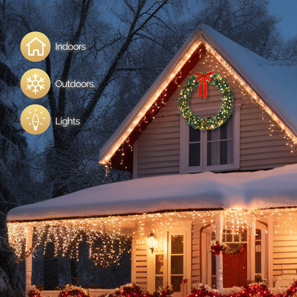 Christmas Wreath, Pre-Lit Artificial Christmas Garland Wreath with Red Bow Pine Cones Ball Ornaments, Remote Control LED Lights, Front Door Wall Window Holiday Decor for Home Party