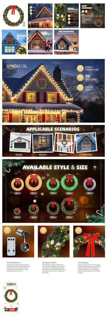 Christmas Wreath, Pre-Lit Artificial Christmas Garland Wreath with Red Bow Pine Cones Ball Ornaments, Remote Control LED Lights, Front Door Wall Window Holiday Decor for Home Party