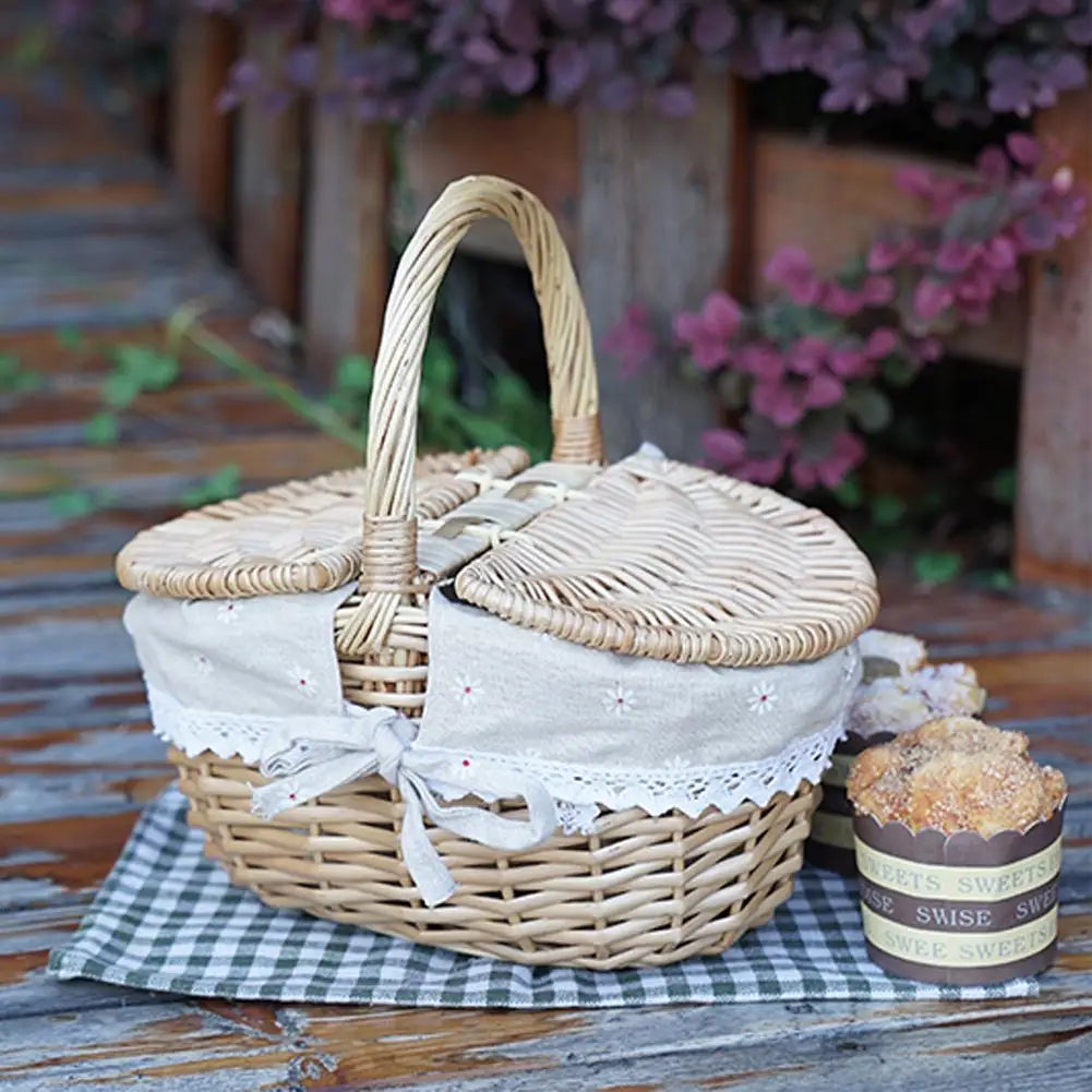 Handmade Wicker Picnic Basket With Handle Picnic Hamper Multi-Purpose Willow Woven Storage Box Outdoor Camping Fruit Basket