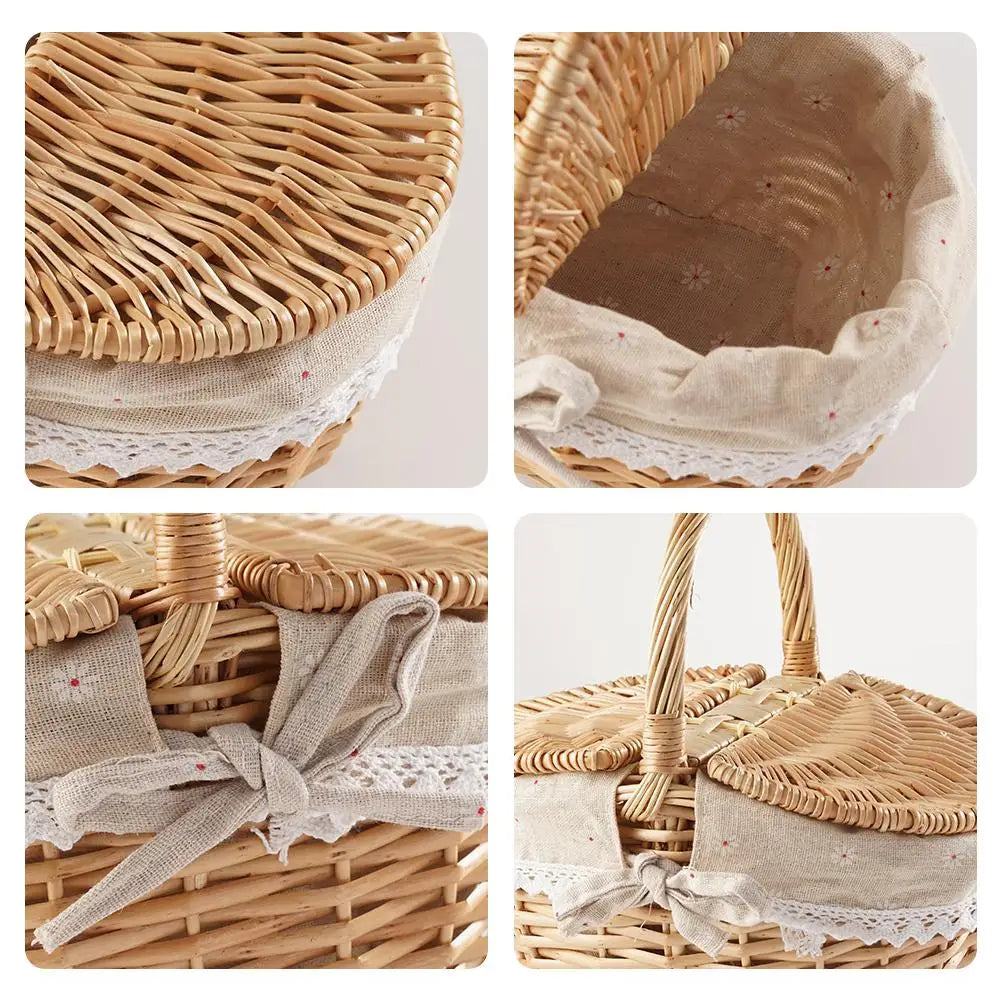 Handmade Wicker Picnic Basket With Handle Picnic Hamper Multi-Purpose Willow Woven Storage Box Outdoor Camping Fruit Basket