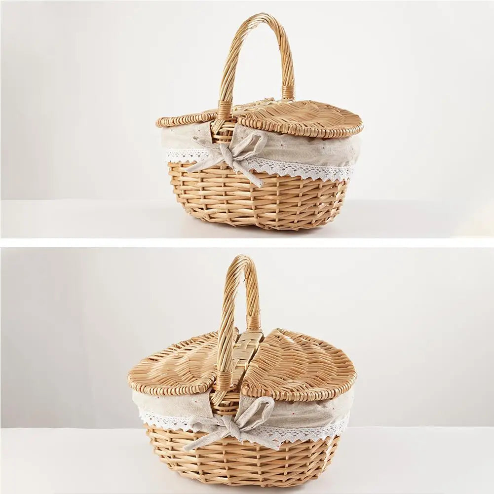 Handmade Wicker Picnic Basket With Handle Picnic Hamper Multi-Purpose Willow Woven Storage Box Outdoor Camping Fruit Basket