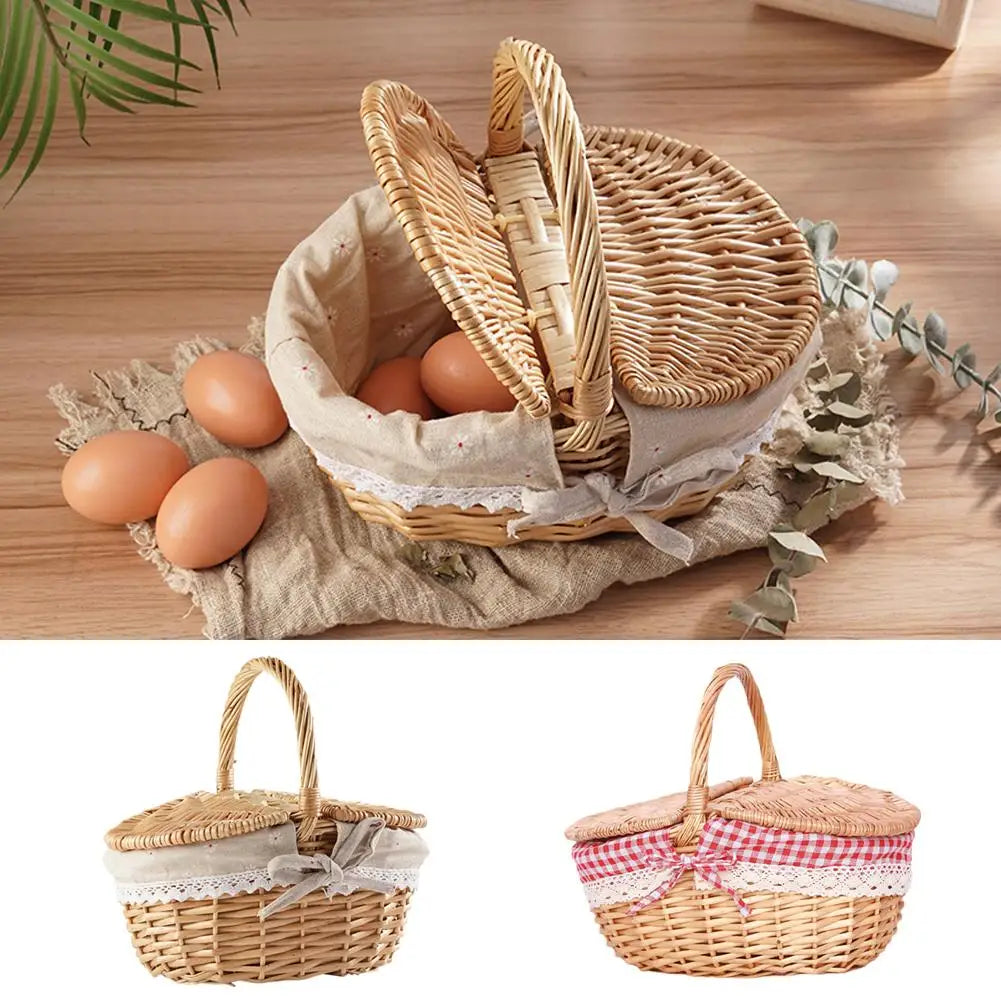 Handmade Wicker Picnic Basket With Handle Picnic Hamper Multi-Purpose Willow Woven Storage Box Outdoor Camping Fruit Basket