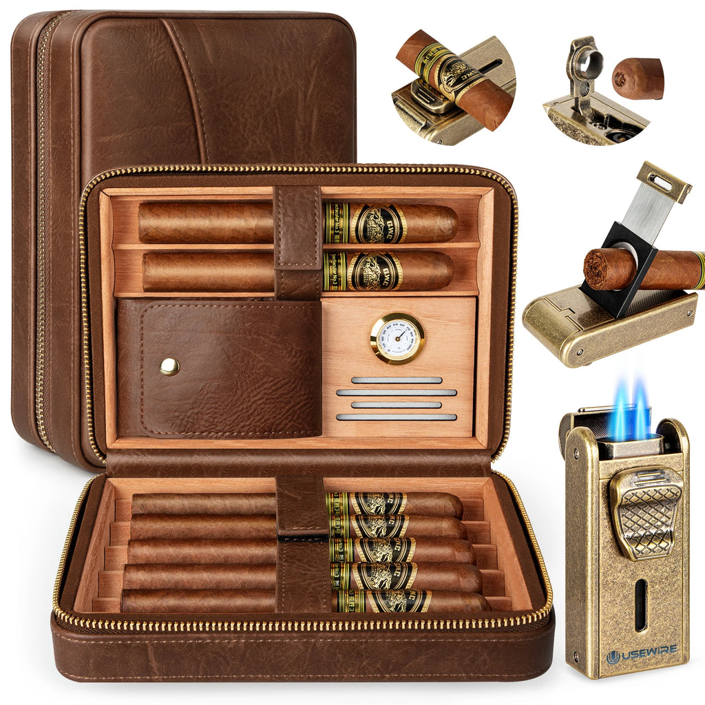 Leather Cigar Humidor with Cigar Lighter,Built-in Straight Cigar Cutter and Cigar Punch,Humidifier and Cedar Tray