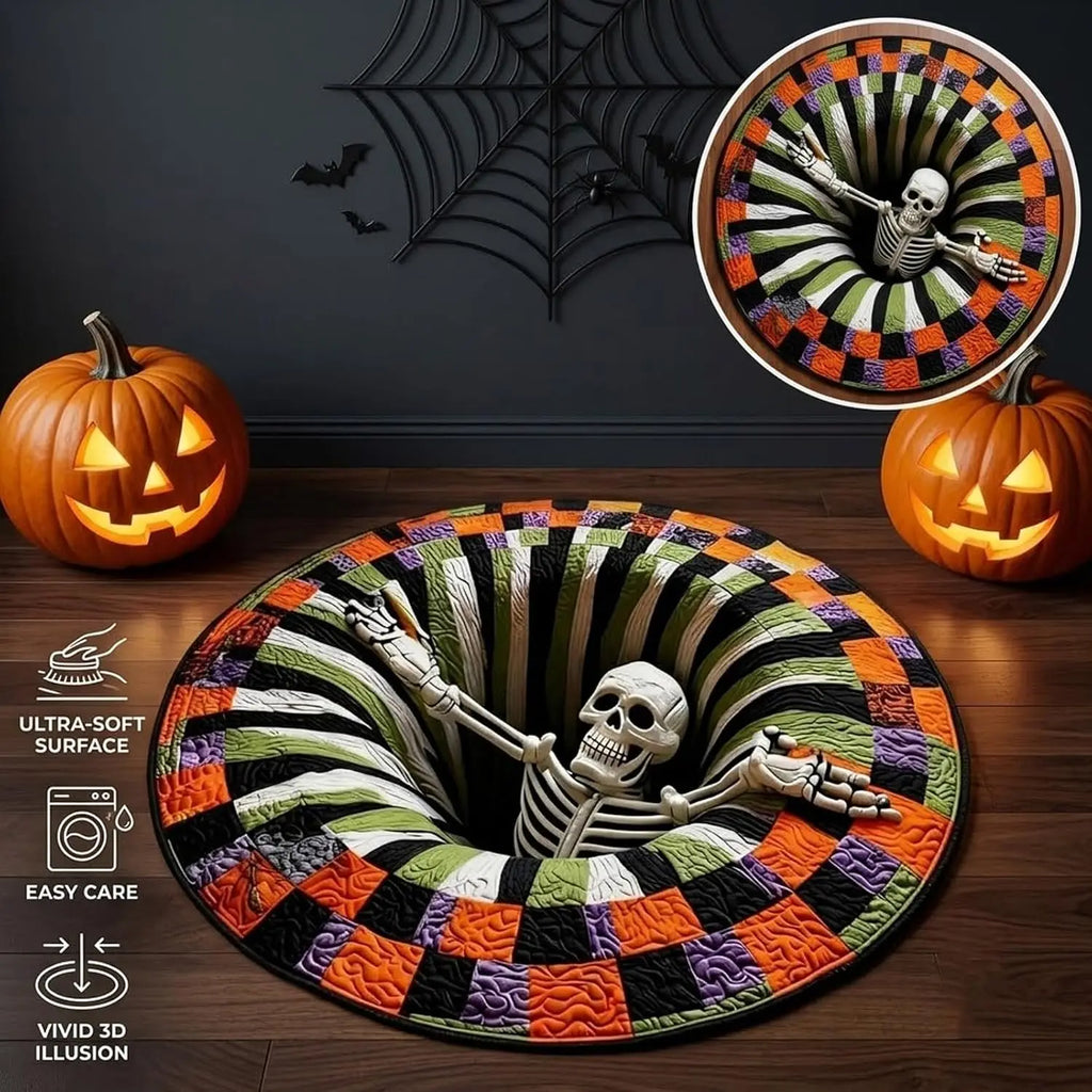 3D Halloween Rug, Skeleton Vortex Quilted Round Rugs