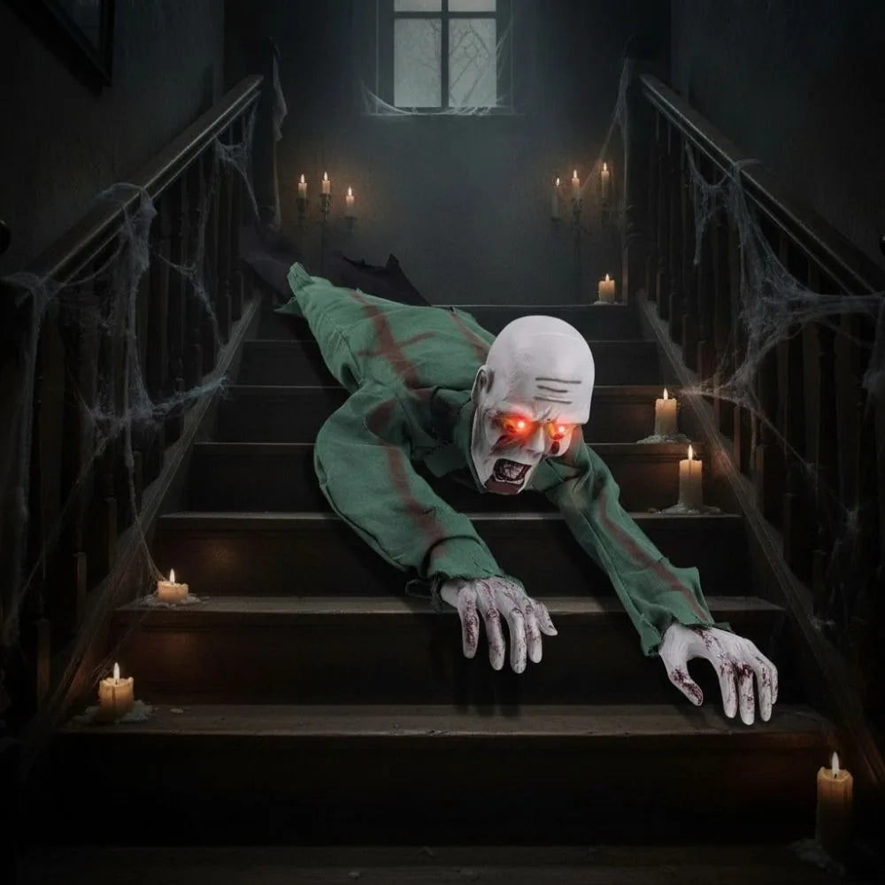 Electric Halloween Crawling Ghost Bald Head Voice-activated Climbing Zombie Figure Realistic Folding Escape Room Climbing Ghost