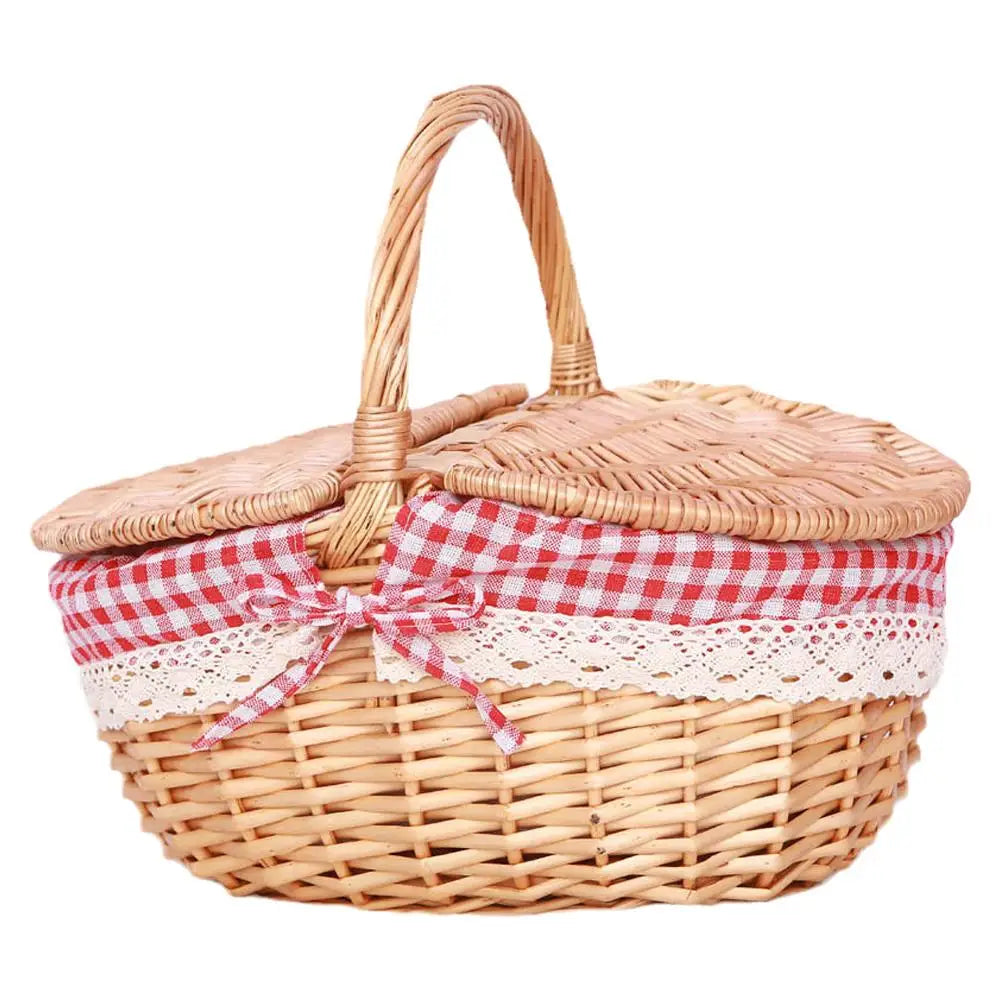 Handmade Wicker Picnic Basket With Handle Picnic Hamper Multi-Purpose Willow Woven Storage Box Outdoor Camping Fruit Basket