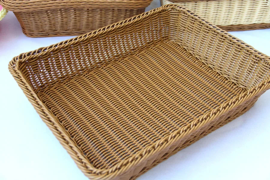 Hand-Woven Imitation Rattan Basket, Rectangular Storage Box, Fruit Snack Bread Cosmetic Organizer for Home Kitchen