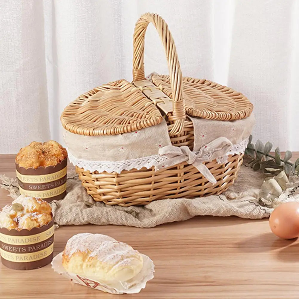Handmade Wicker Picnic Basket With Handle Picnic Hamper Multi-Purpose Willow Woven Storage Box Outdoor Camping Fruit Basket