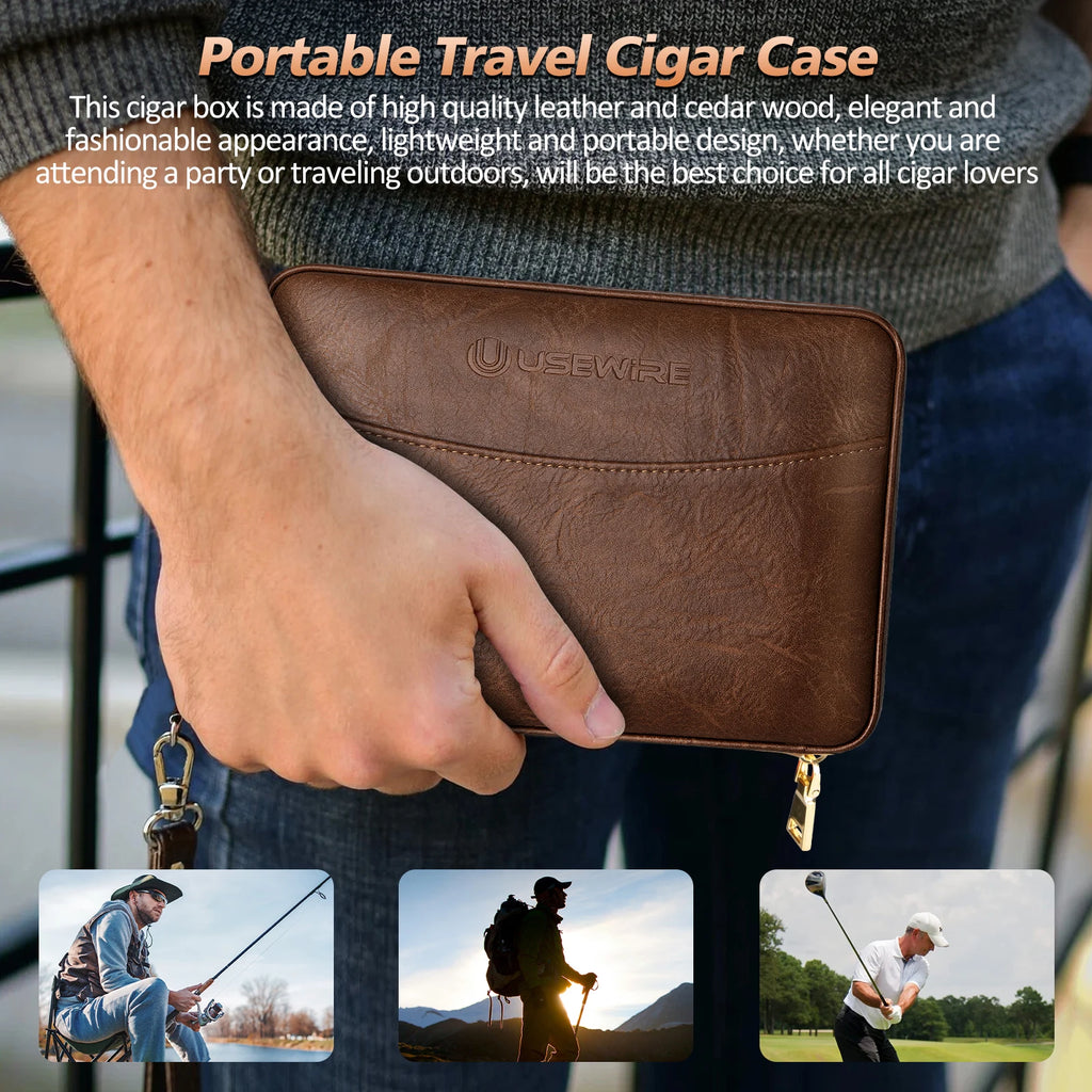 Leather Cigar Humidor with Cigar Lighter,Built-in Straight Cigar Cutter and Cigar Punch,Humidifier and Cedar Tray