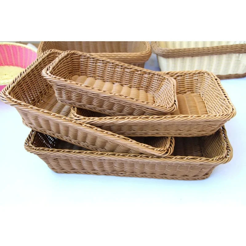 Hand-Woven Imitation Rattan Basket, Rectangular Storage Box, Fruit Snack Bread Cosmetic Organizer for Home Kitchen