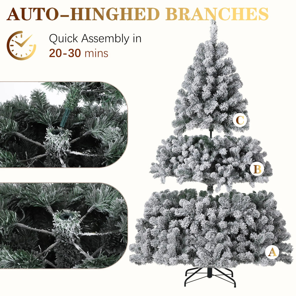 6FT/7.5FT Flocked Artificial Christmas Tree with Snowy Warm White LED Lights Hinged Divisions & Metal Stand Soft Snow Fraser Fir Holiday Decor for Home & Office