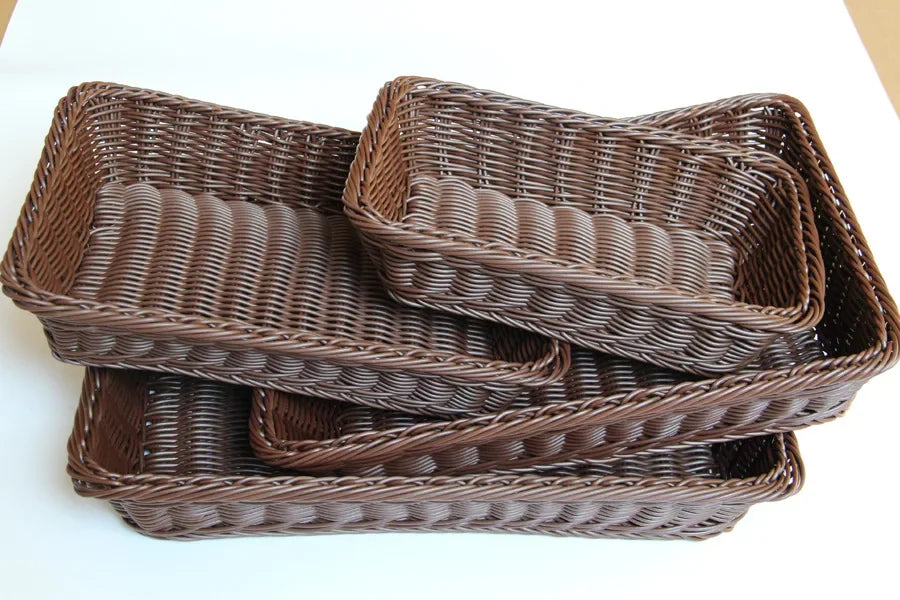 Hand-Woven Imitation Rattan Basket, Rectangular Storage Box, Fruit Snack Bread Cosmetic Organizer for Home Kitchen