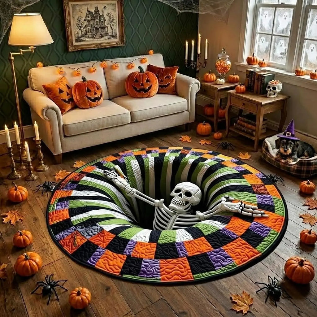3D Halloween Rug, Skeleton Vortex Quilted Round Rugs