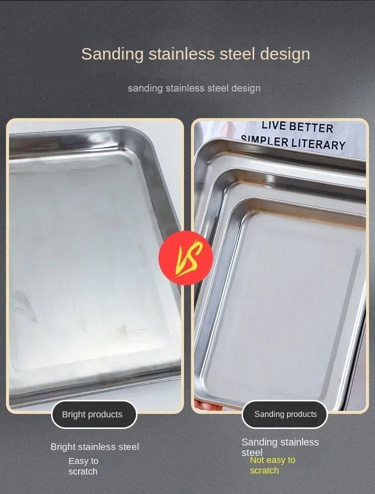 Flat Bottom 430 Stainless Steel Square Plate Oven Safe BBQ Grill Pan Drain Tray Oil Drip Rack Prep Plate for Roasting Grilling