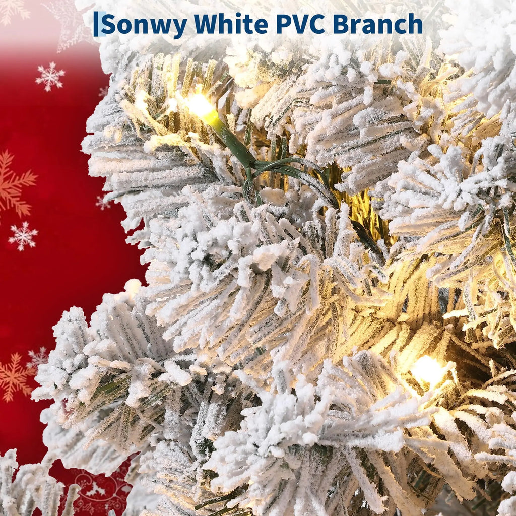 6FT/7.5FT Flocked Artificial Christmas Tree with Snowy Warm White LED Lights Hinged Divisions & Metal Stand Soft Snow Fraser Fir Holiday Decor for Home & Office