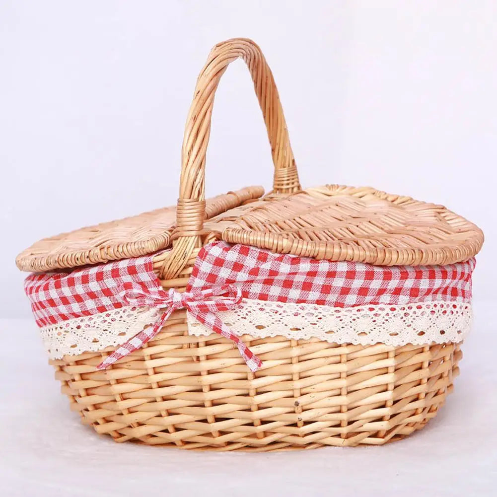 Handmade Wicker Picnic Basket With Handle Picnic Hamper Multi-Purpose Willow Woven Storage Box Outdoor Camping Fruit Basket