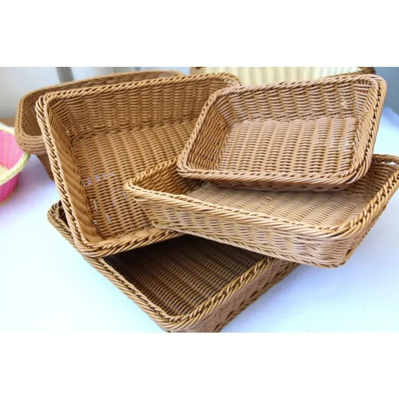 Hand-Woven Imitation Rattan Basket, Rectangular Storage Box, Fruit Snack Bread Cosmetic Organizer for Home Kitchen