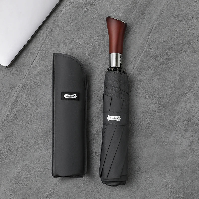 Parachase Automatic Umbrella Men 120cm Large Folding Umbrella Windproof Strong Wooden Handle Big Golf Luxury Umbrella 8K