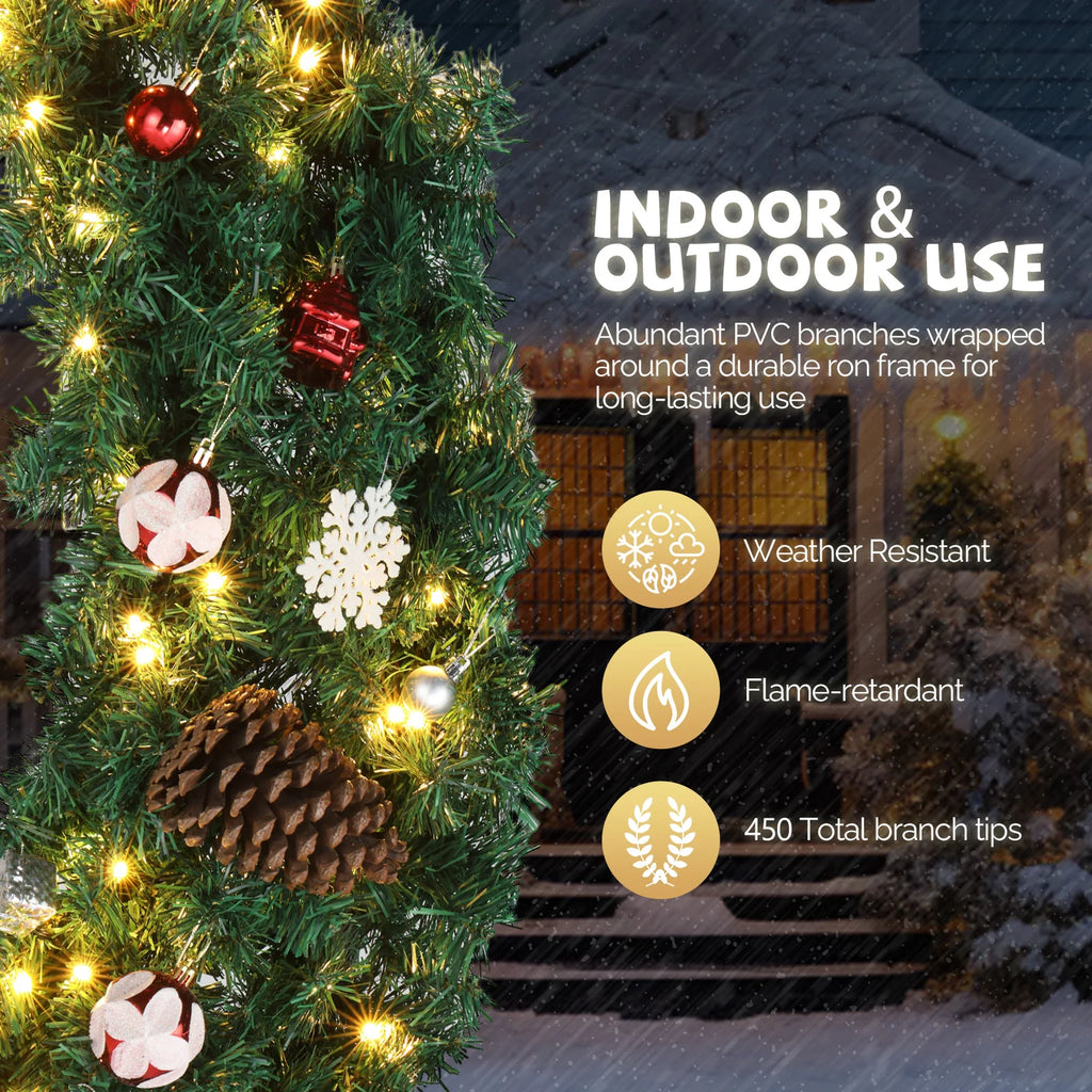Christmas Wreath, Pre-Lit Artificial Christmas Garland Wreath with Red Bow Pine Cones Ball Ornaments, Remote Control LED Lights, Front Door Wall Window Holiday Decor for Home Party