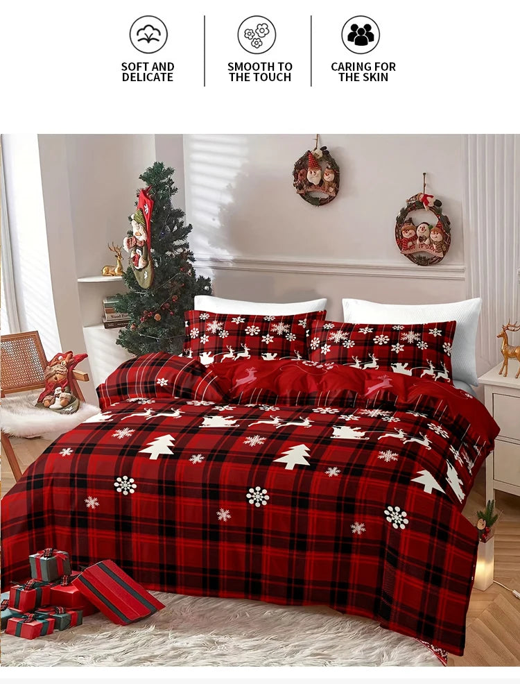 3-Piece Christmas-Themed Duvet Cover Set - Soft, Breathable, and Hypoallergenic Fabric - Checkered Elk Snowflake Print Design, P
