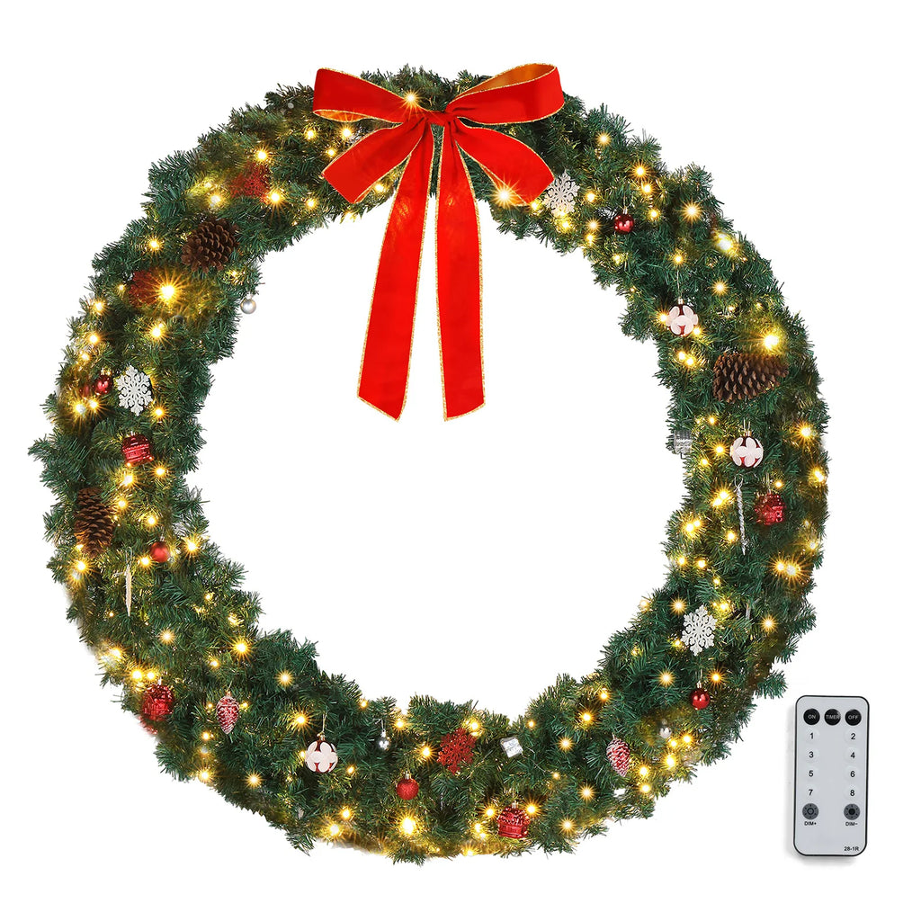 Christmas Wreath, Pre-Lit Artificial Christmas Garland Wreath with Red Bow Pine Cones Ball Ornaments, Remote Control LED Lights, Front Door Wall Window Holiday Decor for Home Party