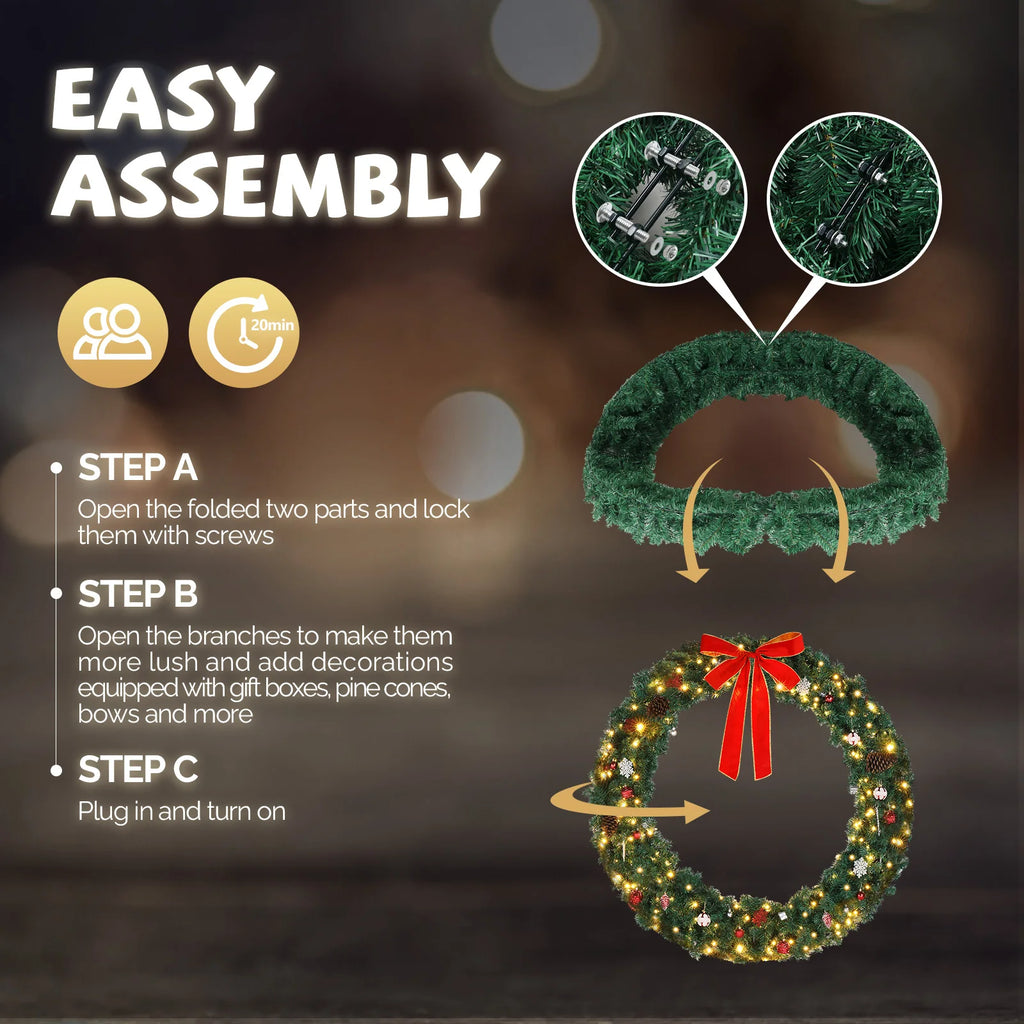 Christmas Wreath, Pre-Lit Artificial Christmas Garland Wreath with Red Bow Pine Cones Ball Ornaments, Remote Control LED Lights, Front Door Wall Window Holiday Decor for Home Party