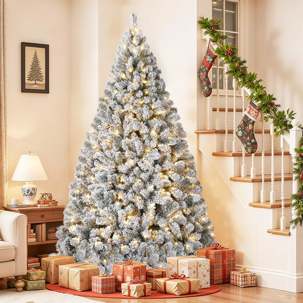 6FT/7.5FT Flocked Artificial Christmas Tree with Snowy Warm White LED Lights Hinged Divisions & Metal Stand Soft Snow Fraser Fir Holiday Decor for Home & Office