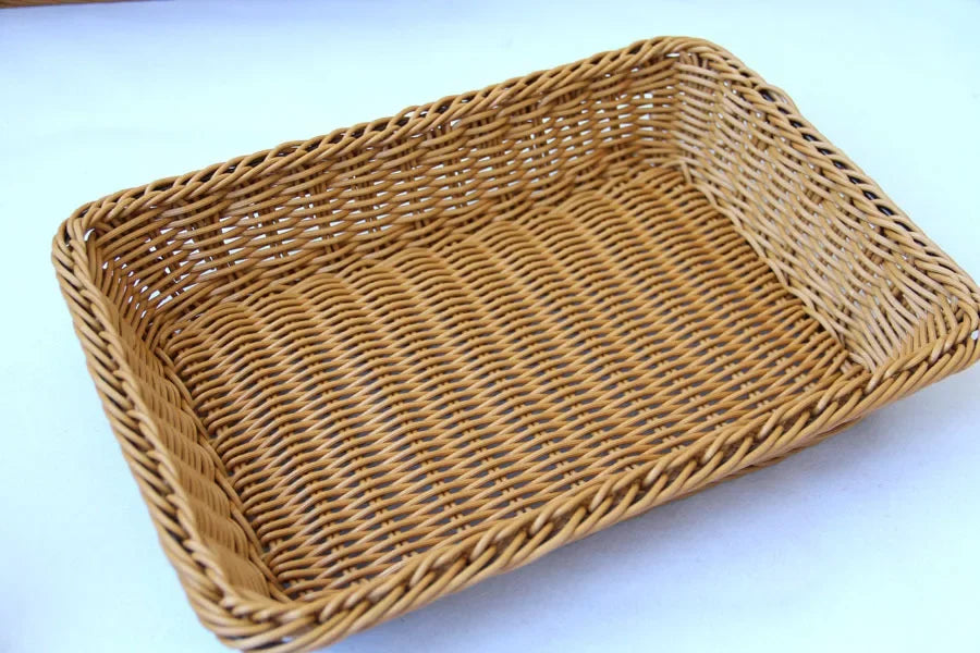Hand-Woven Imitation Rattan Basket, Rectangular Storage Box, Fruit Snack Bread Cosmetic Organizer for Home Kitchen