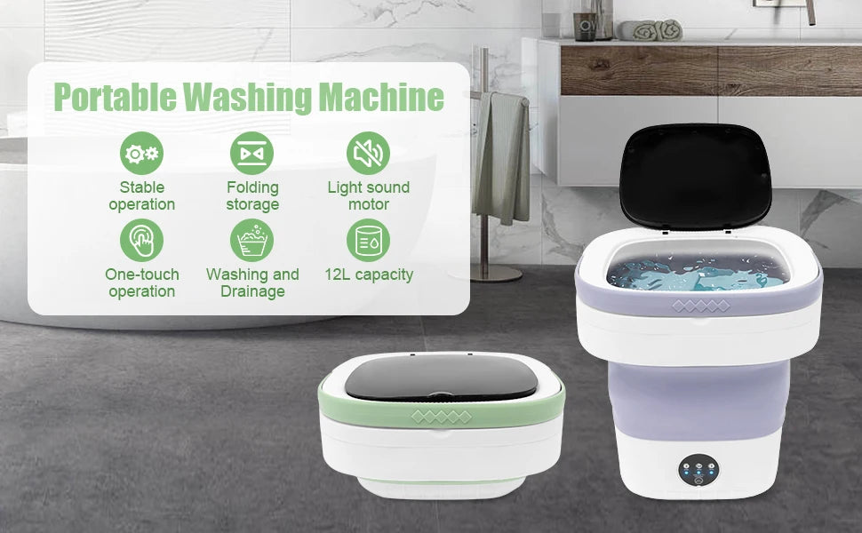 12L Portable Mini Washing Machine, Foldable Washer and Spin Dryer with Drainage Basket, Electric Collapsible Washing Machine for Apartment Camping, RV, Travel, Underwear, Socks (12Green)