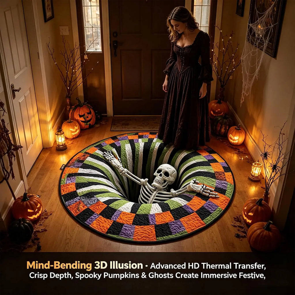 3D Halloween Rug, Skeleton Vortex Quilted Round Rugs
