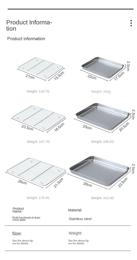 Flat Bottom 430 Stainless Steel Square Plate Oven Safe BBQ Grill Pan Drain Tray Oil Drip Rack Prep Plate for Roasting Grilling
