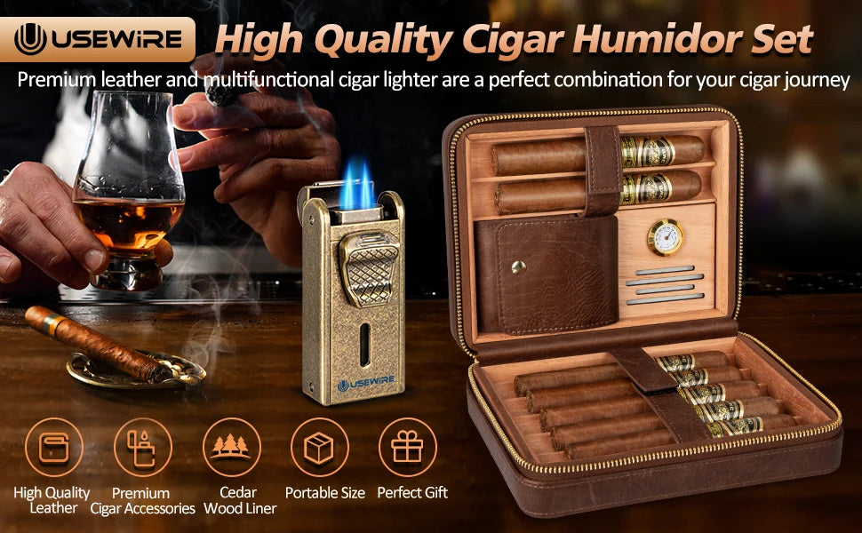 Leather Cigar Humidor with Cigar Lighter,Built-in Straight Cigar Cutter and Cigar Punch,Humidifier and Cedar Tray