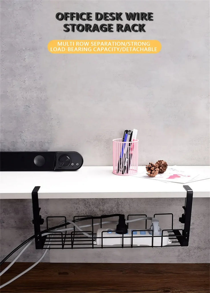 Under Table Storage Rack Metal Cable Management Tray Home Office Desk Wire Organizer No Punching Kitchen Storage Accessories