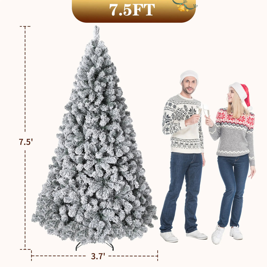 6FT/7.5FT Flocked Artificial Christmas Tree with Snowy Warm White LED Lights Hinged Divisions & Metal Stand Soft Snow Fraser Fir Holiday Decor for Home & Office