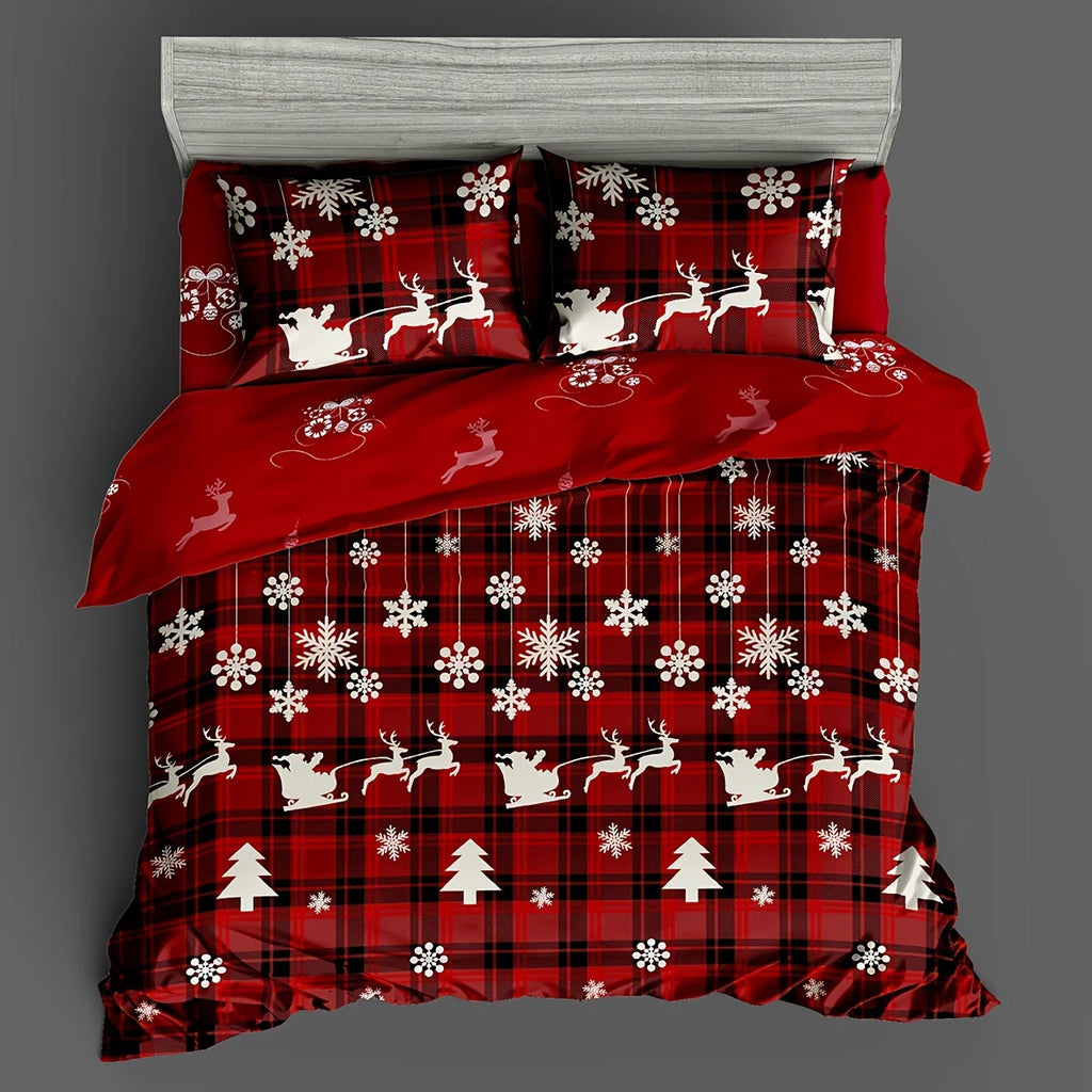 3-Piece Christmas-Themed Duvet Cover Set - Soft, Breathable, and Hypoallergenic Fabric - Checkered Elk Snowflake Print Design, P