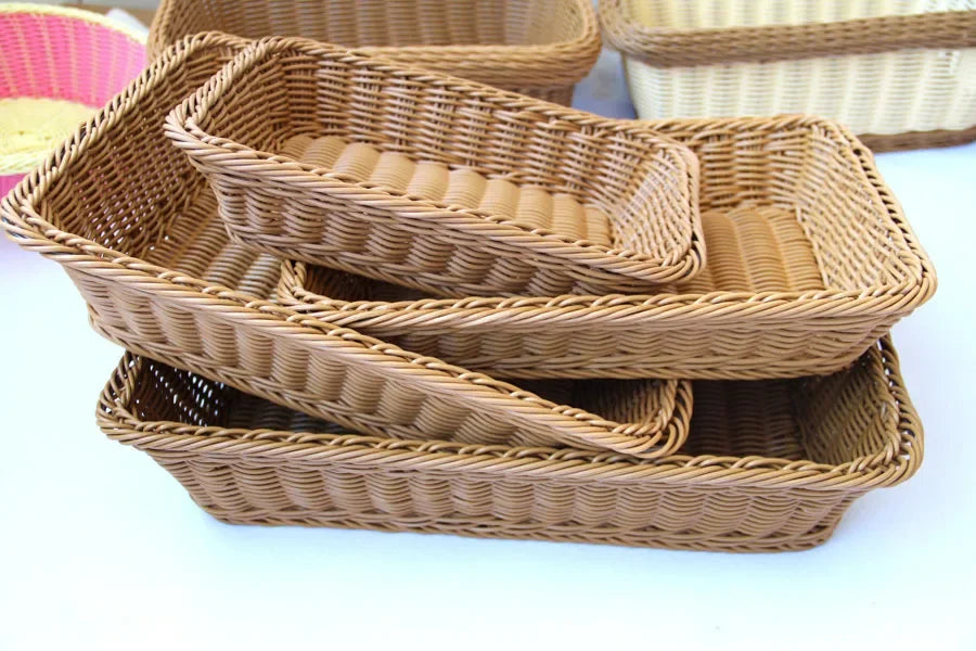 Hand-Woven Imitation Rattan Basket, Rectangular Storage Box, Fruit Snack Bread Cosmetic Organizer for Home Kitchen