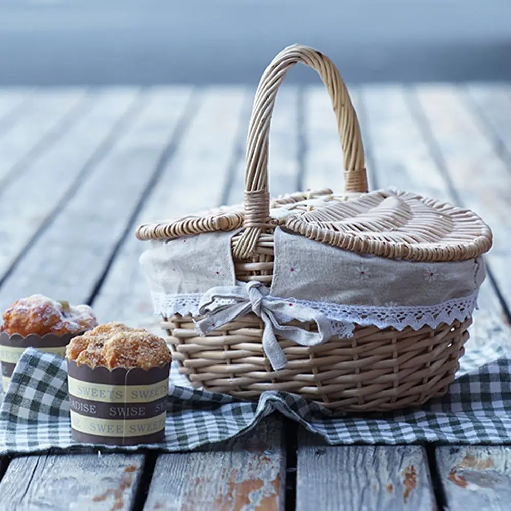 Handmade Wicker Picnic Basket With Handle Picnic Hamper Multi-Purpose Willow Woven Storage Box Outdoor Camping Fruit Basket