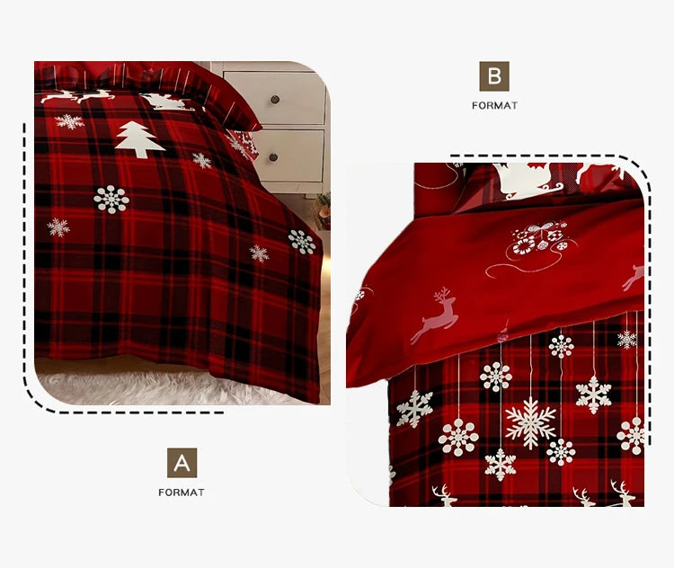 3-Piece Christmas-Themed Duvet Cover Set - Soft, Breathable, and Hypoallergenic Fabric - Checkered Elk Snowflake Print Design, P