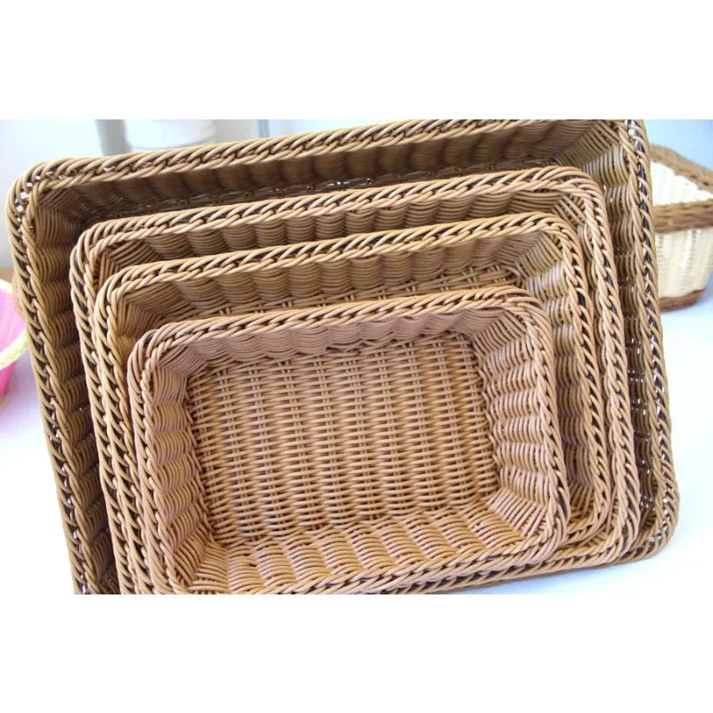 Hand-Woven Imitation Rattan Basket, Rectangular Storage Box, Fruit Snack Bread Cosmetic Organizer for Home Kitchen