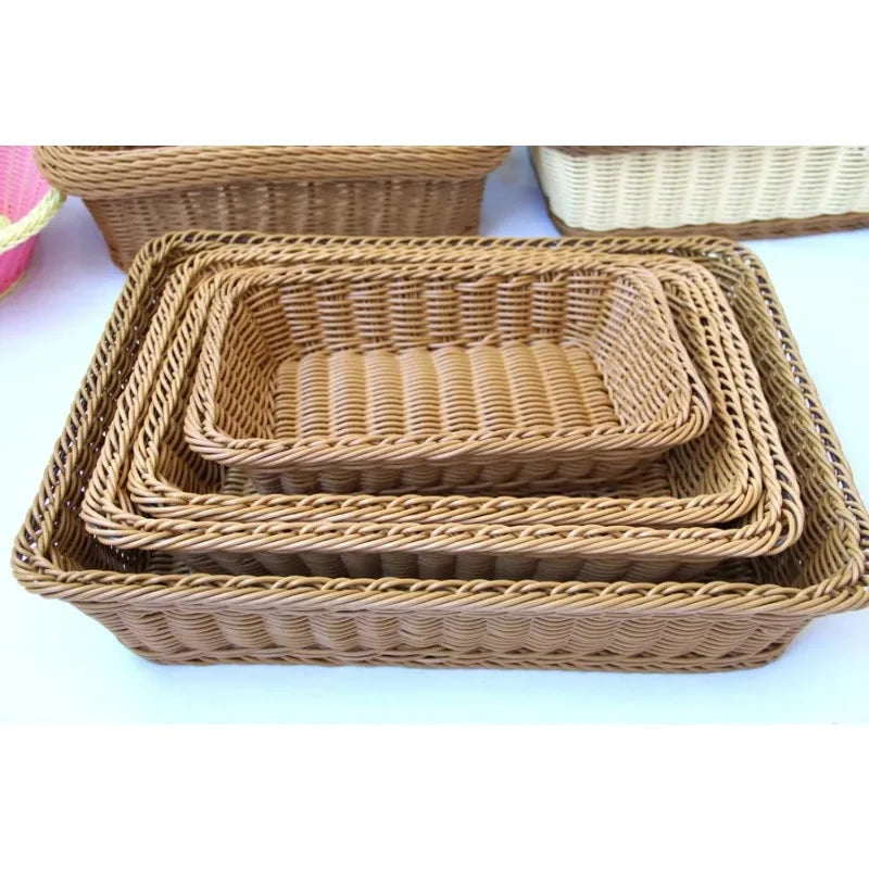 Hand-Woven Imitation Rattan Basket, Rectangular Storage Box, Fruit Snack Bread Cosmetic Organizer for Home Kitchen