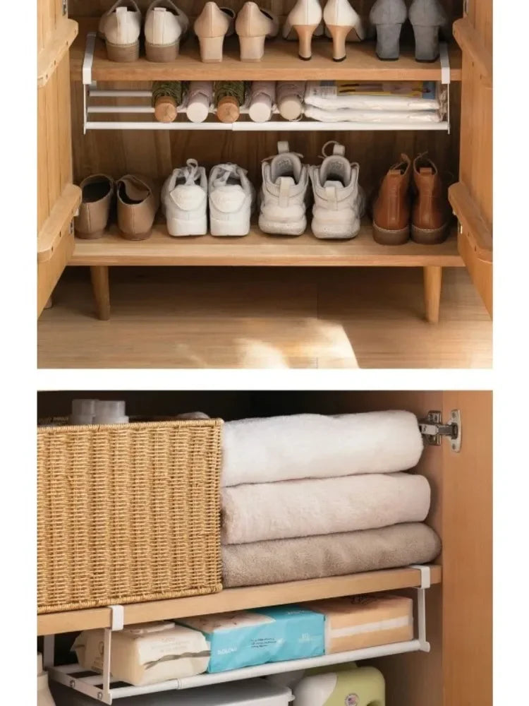 Adjustable Shoe Rack | Space-Saving Layered Organizer For Home Shoe Cabinets | Under-Shelf Shoe Holder With Hanging Basket