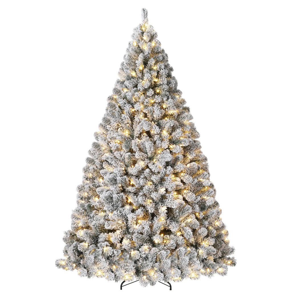 6FT/7.5FT Flocked Artificial Christmas Tree with Snowy Warm White LED Lights Hinged Divisions & Metal Stand Soft Snow Fraser Fir Holiday Decor for Home & Office