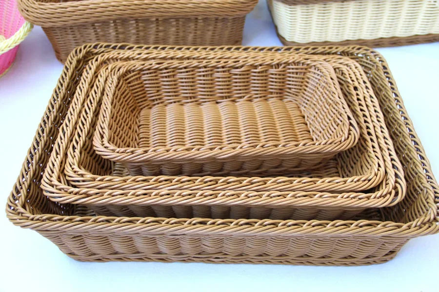 Hand-Woven Imitation Rattan Basket, Rectangular Storage Box, Fruit Snack Bread Cosmetic Organizer for Home Kitchen