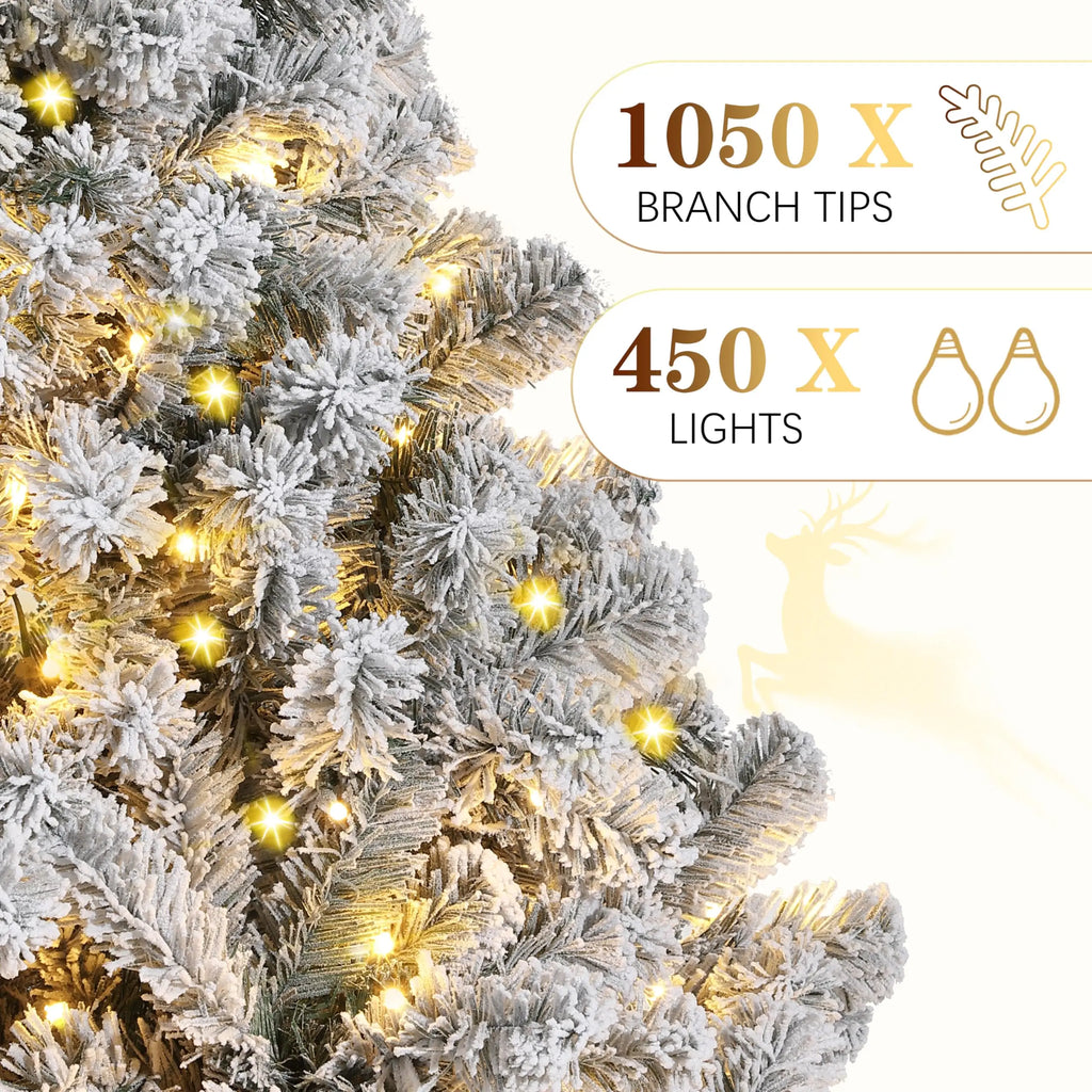 6FT/7.5FT Flocked Artificial Christmas Tree with Snowy Warm White LED Lights Hinged Divisions & Metal Stand Soft Snow Fraser Fir Holiday Decor for Home & Office