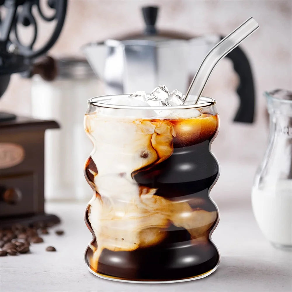 4pcs/Set Glass Cups Coffee Mug Creative Clear Drinking Glasses Ribbed Glassware Cups With Straws Set Cocktail Fruit Glass