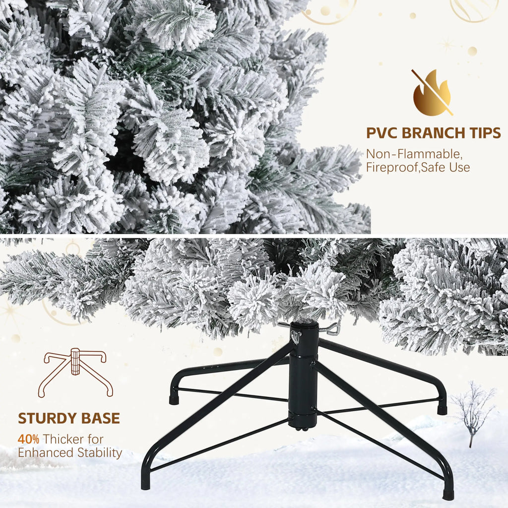 6FT/7.5FT Flocked Artificial Christmas Tree with Snowy Warm White LED Lights Hinged Divisions & Metal Stand Soft Snow Fraser Fir Holiday Decor for Home & Office