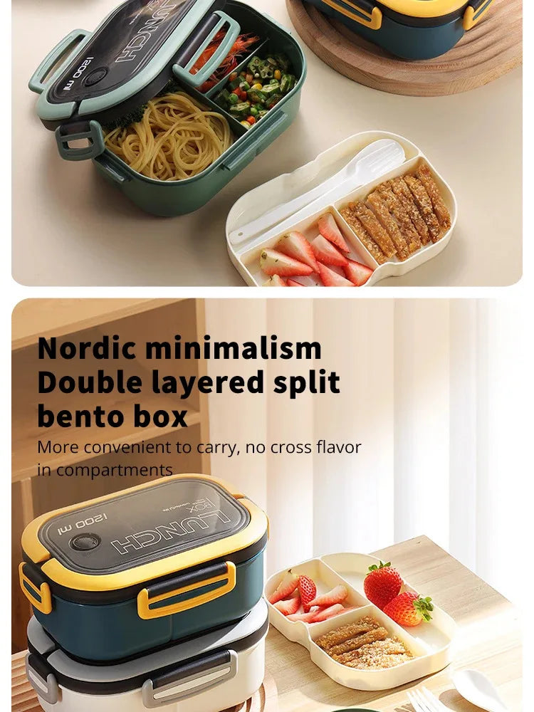 Double Layered Design With Fork And Spoon Fruit Bento Box For Easy Carrying, Microwave Safe, And Convenient Heating Lunch Box