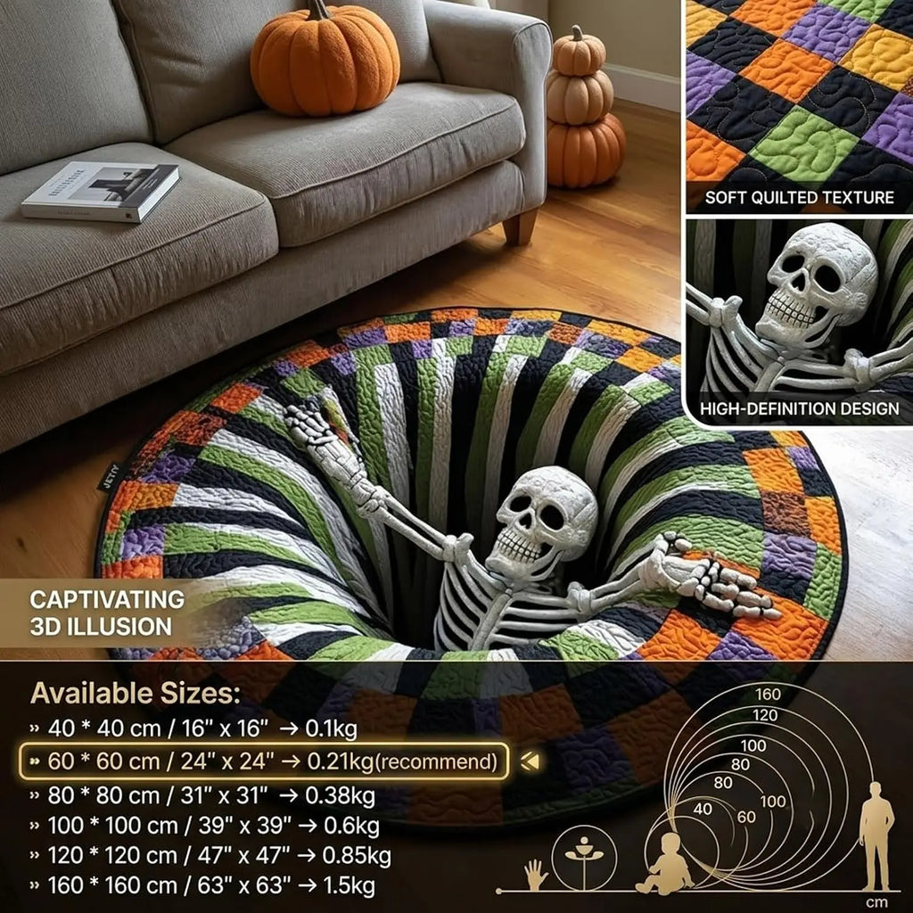 3D Halloween Rug, Skeleton Vortex Quilted Round Rugs